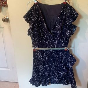 navy blue ruffled matching set w/ white dots